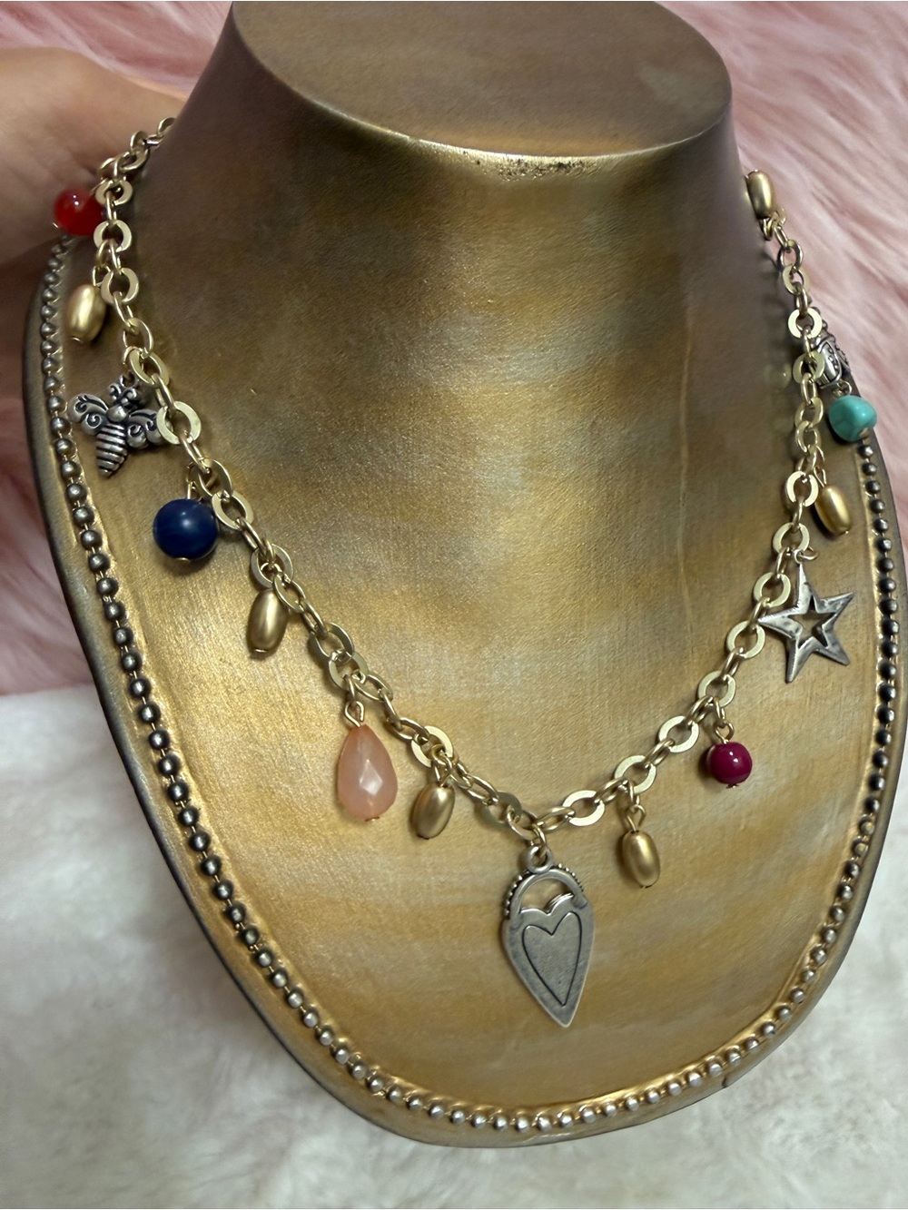 Chico’s Gold-Tone Multi Charm Necklace with Pink Teardrop and Colorful Beads